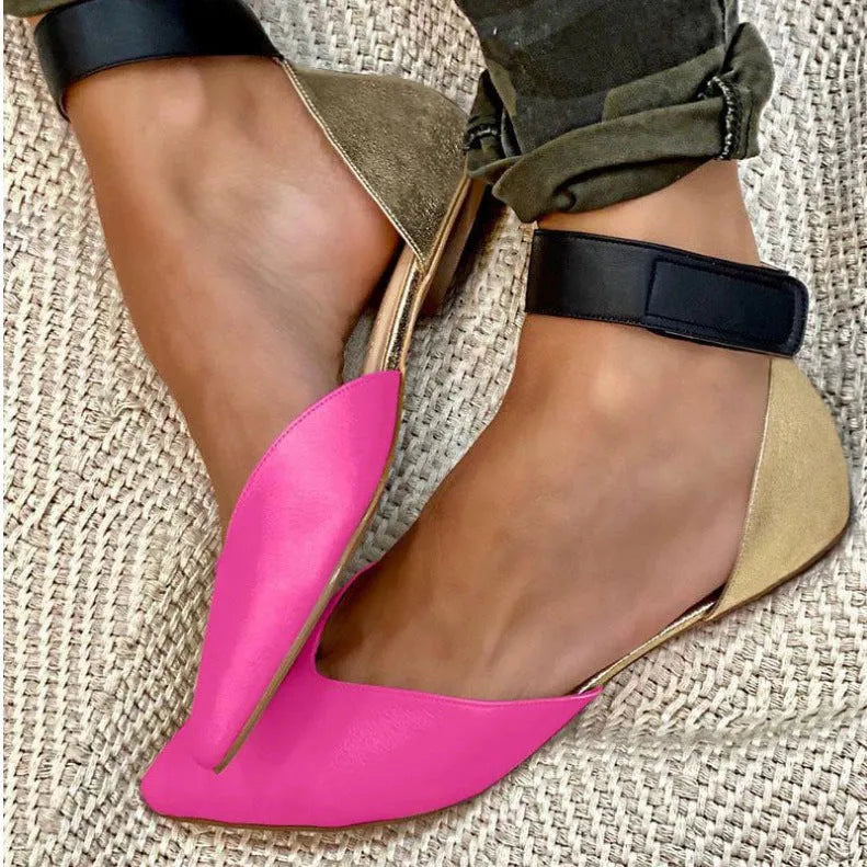 Women's flat heel sandals with Velcro strap and hollowed pattern design in beige colour