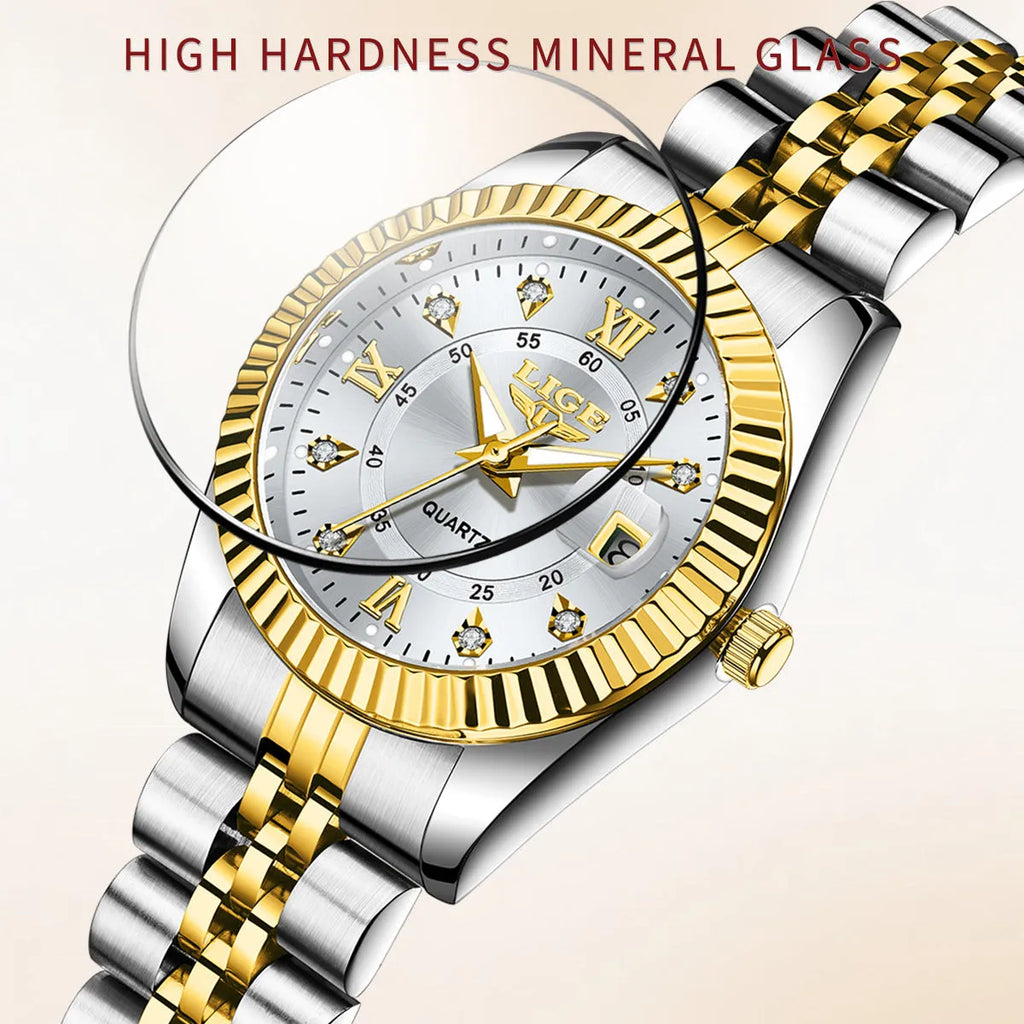 Waterproof quartz ladies watch with gold tone case on a wrist, showing a white dial.