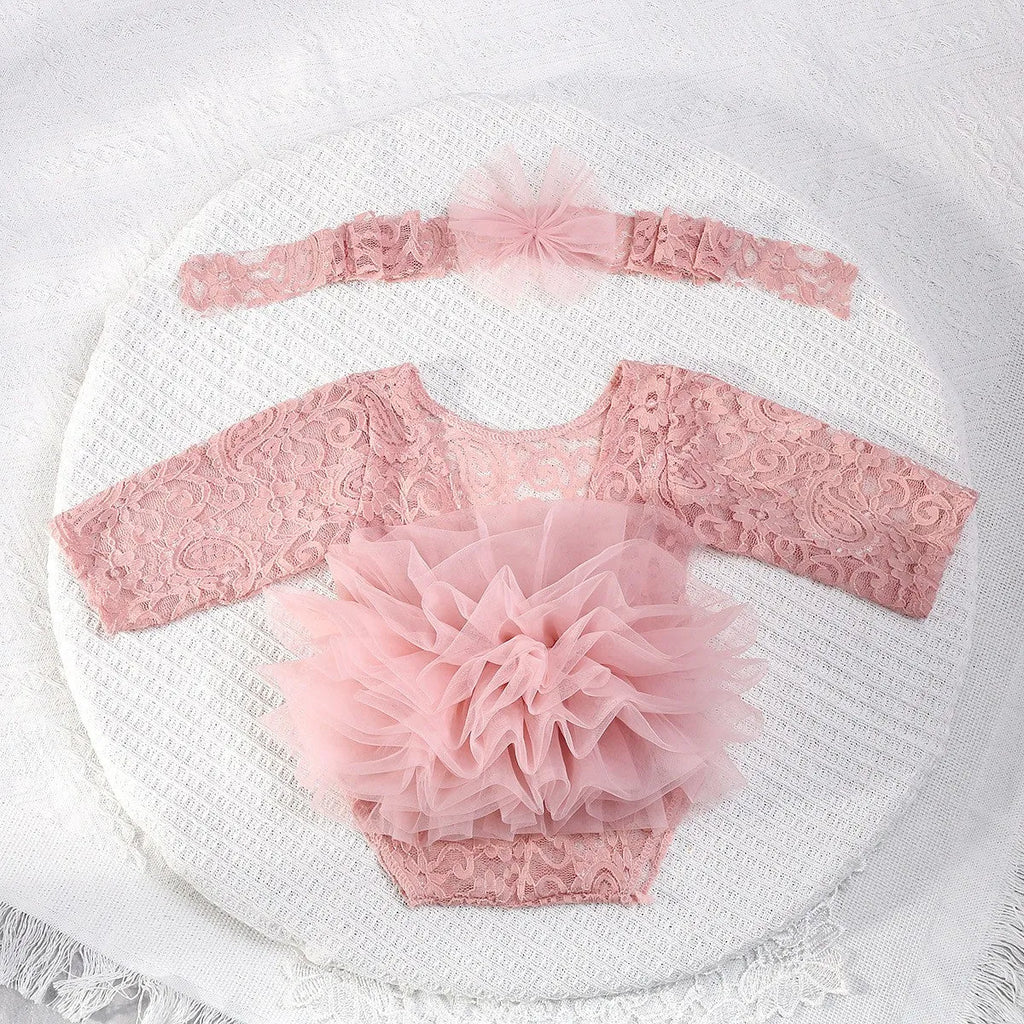 Newborn two-piece set with lace puff gauze skirt and flower headdress in pink, white, or purple