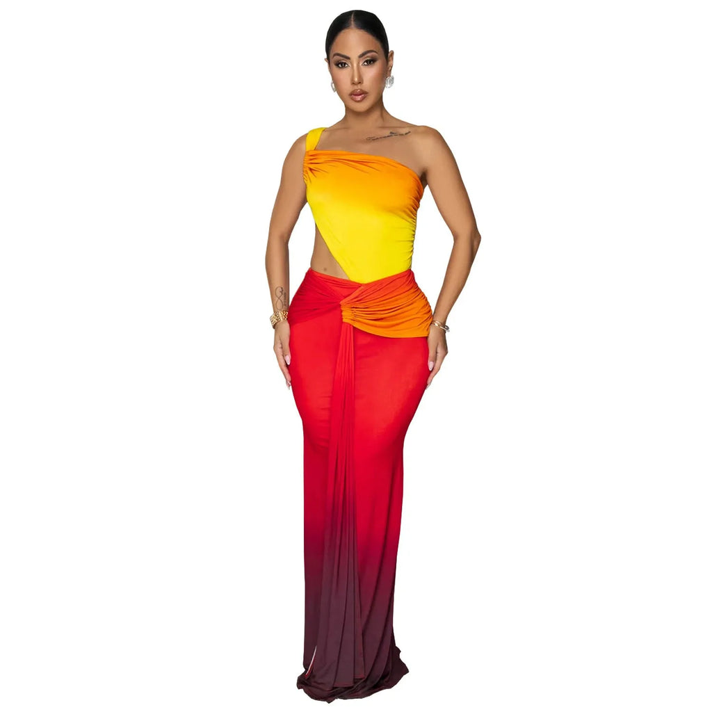 A woman's gradient colour one-shoulder summer dress in polyester, shown in a long skirt style.