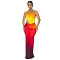A woman's gradient colour one-shoulder summer dress in polyester, shown in a long skirt style.