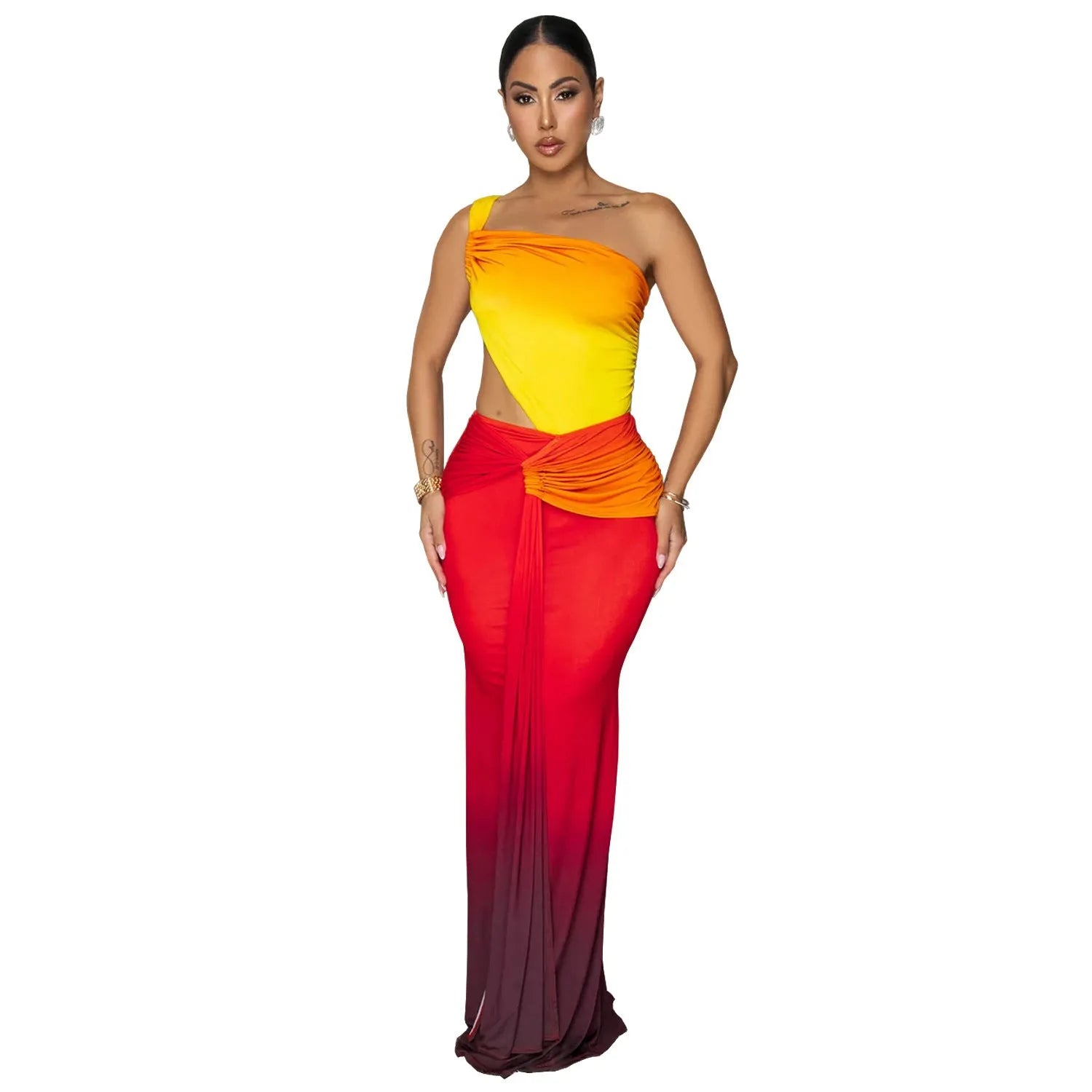 A woman's gradient colour one-shoulder summer dress in polyester, shown in a long skirt style.