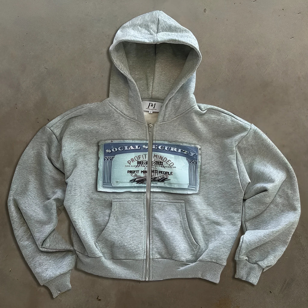 A loose-fitting black hooded zip-up jacket with a letter print design on the front.