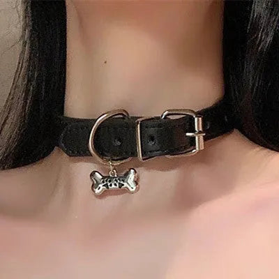 Black little bell shape choker neck band with adjustable fit, mixed material, three black colour options including LD leather