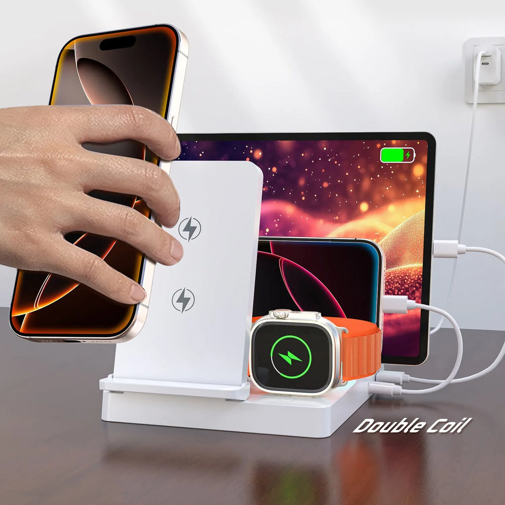 Desktop five-in-one magnetic charger in black plastic and alloy for smartphone smartwatch earbuds