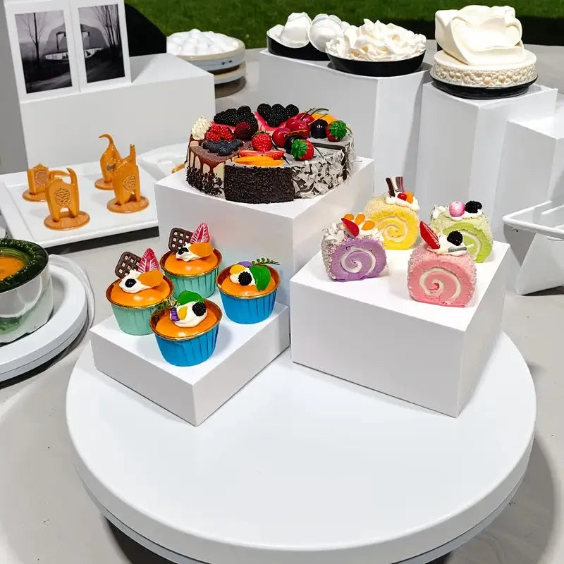 White plastic cube dessert display stand six-piece set for cake and pastry presentation