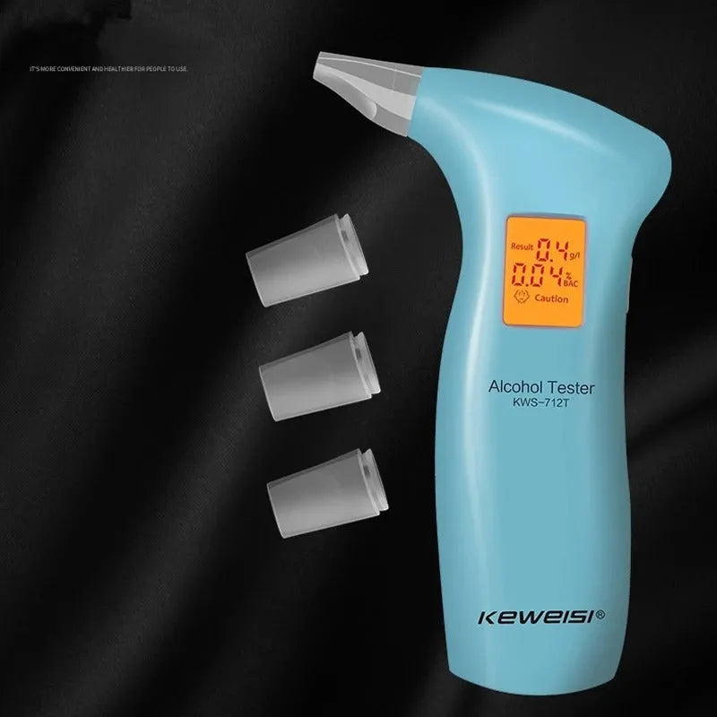 Portable orange LED breath alcohol tester with four spare mouthpieces on a black background.