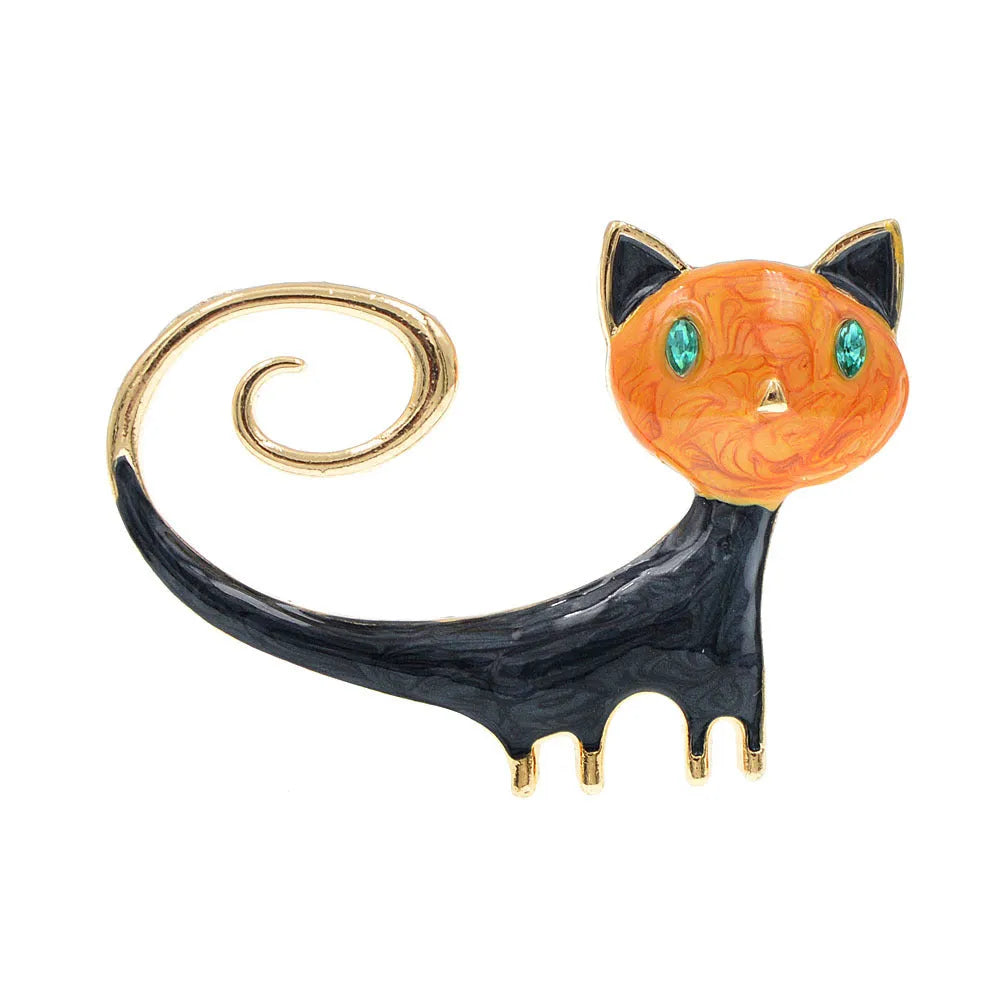 Painted tail-up kitten brooch in white or orange colour on alloy background