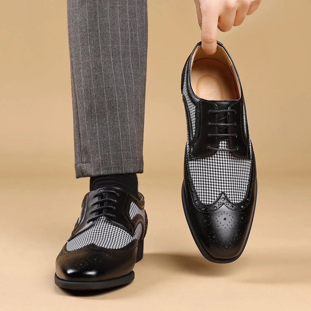 Men's black houndstooth pattern casual lace-up shoes with a square toe and rubber sole.