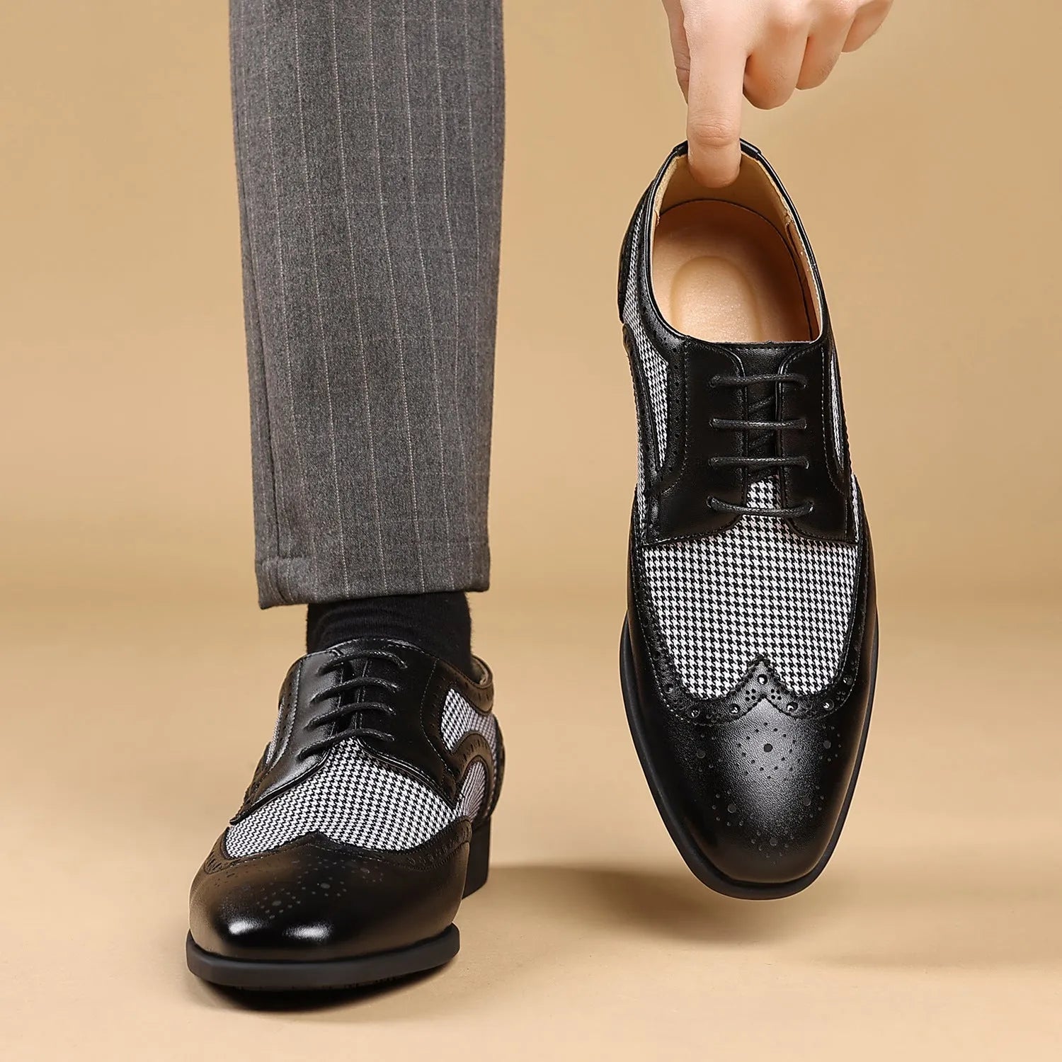 Men's black houndstooth pattern casual lace-up shoes with a square toe and rubber sole.