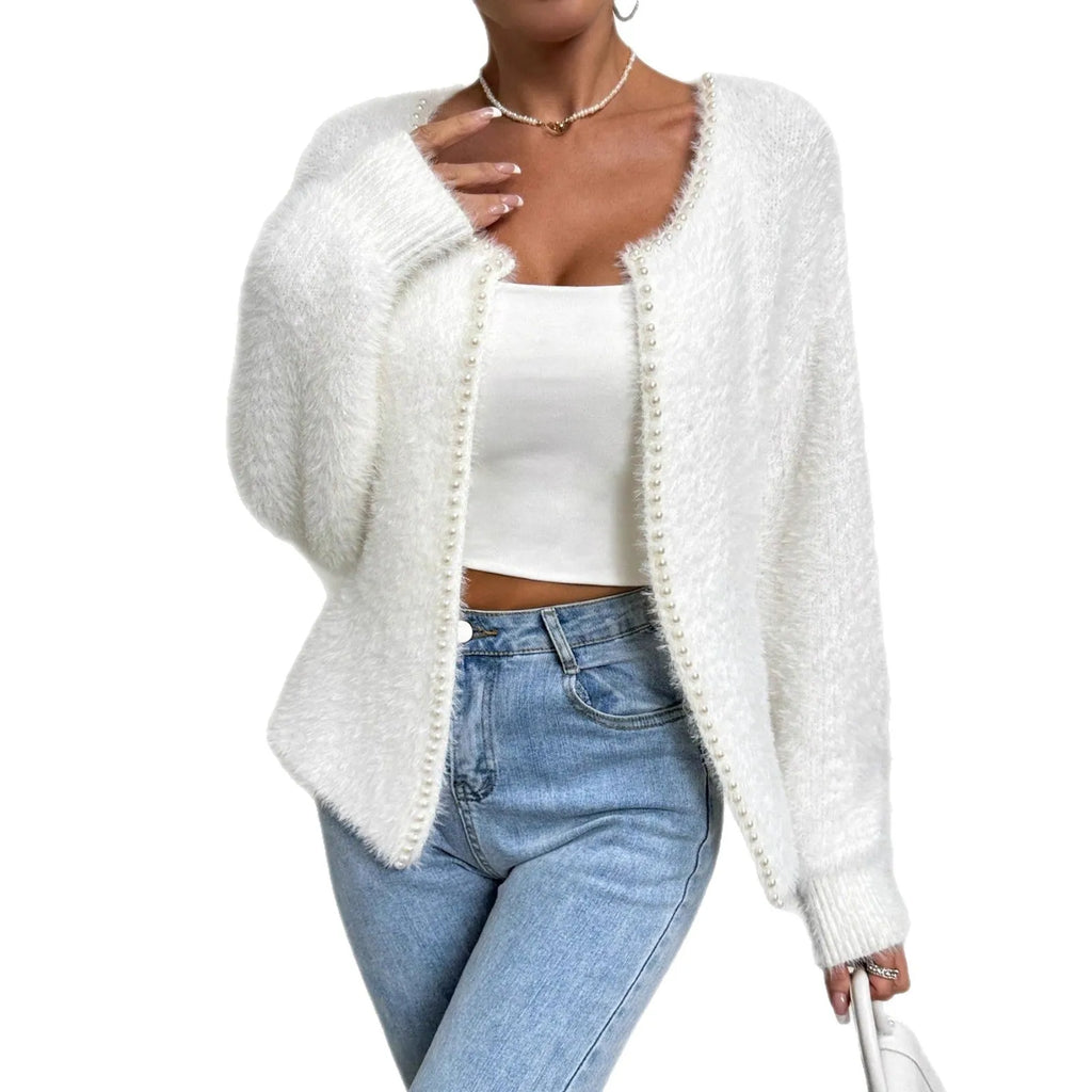 White women's cardigan with V-neck and bead decoration, medium thickness polyester fabric