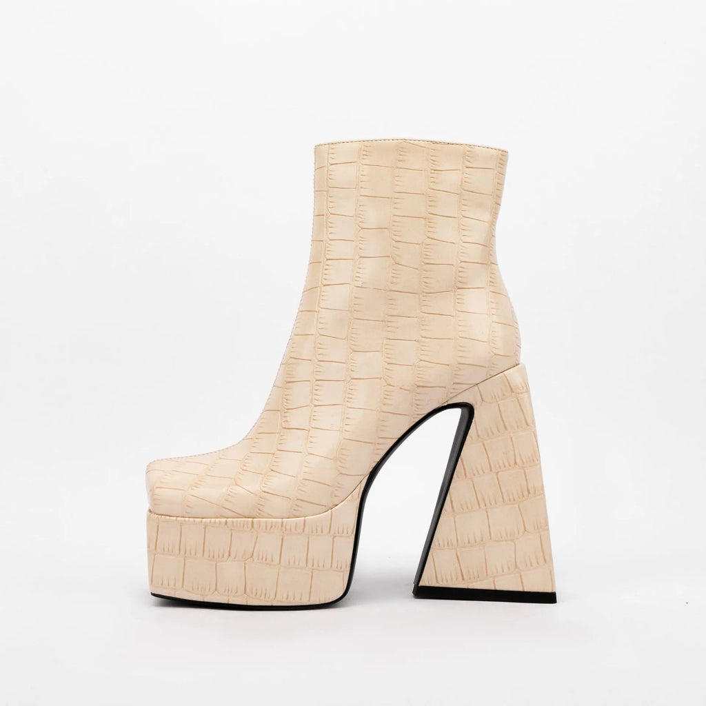 Women's super high heel ankle boots in red, green, black, beige, and brown colours with artificial PU upper.
