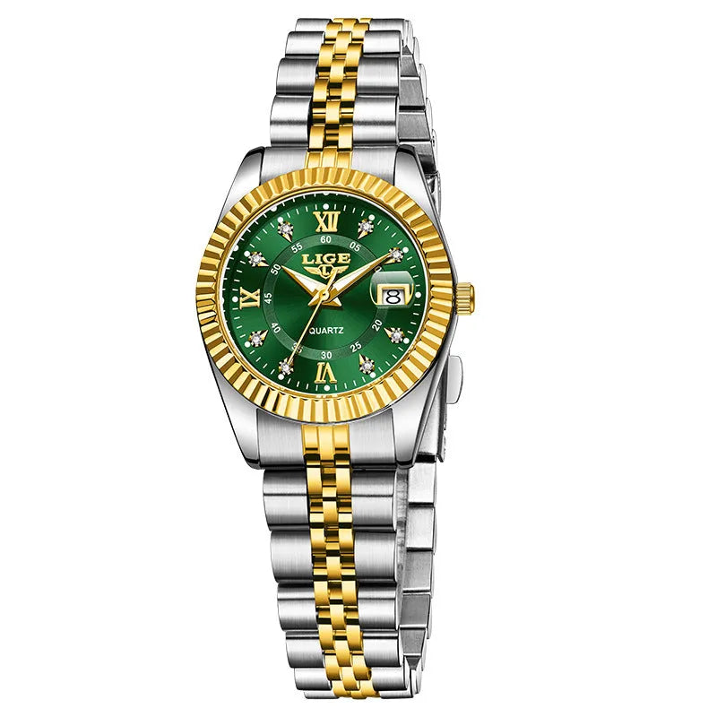 Waterproof quartz ladies watch with gold tone case on a wrist, showing a white dial.