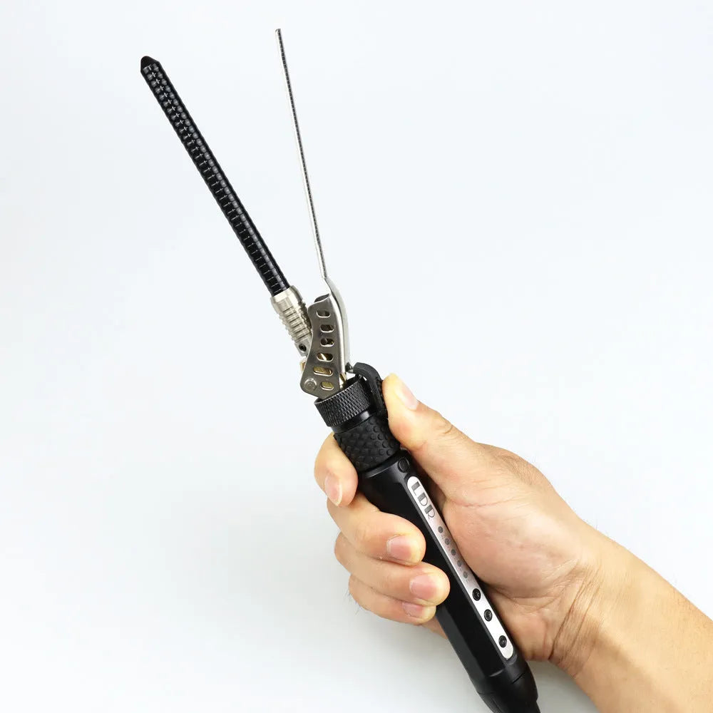 Small black 7mm rotatable clip hair curler with wired power cord