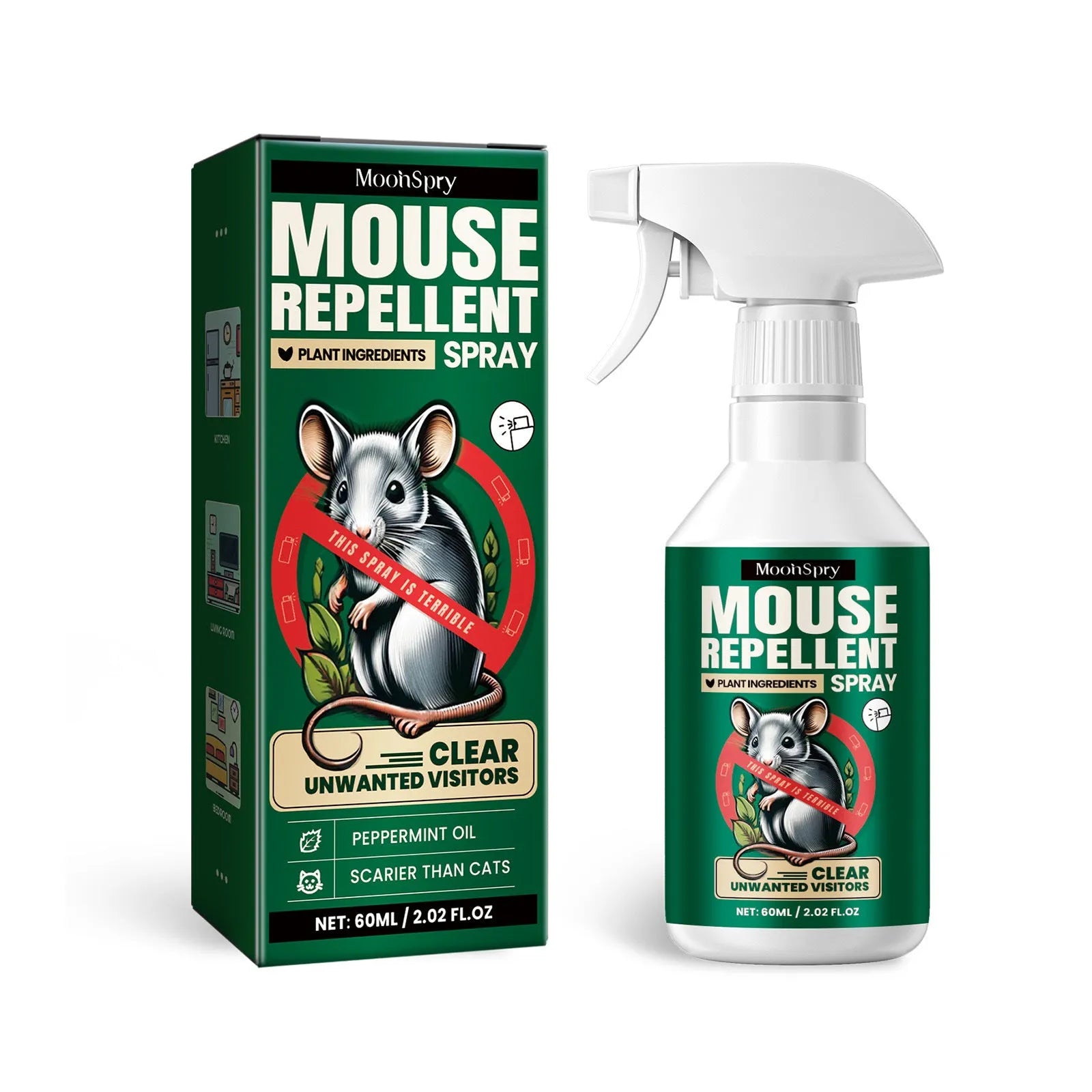 60ml bottle of natural rat repellent spray for home, outdoor, and car use.
