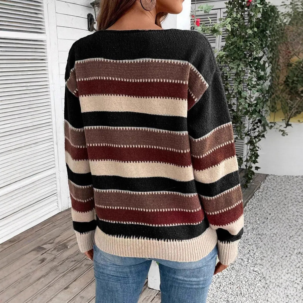 Women's polyester striped pullover sweater with colourblock design and long sleeves