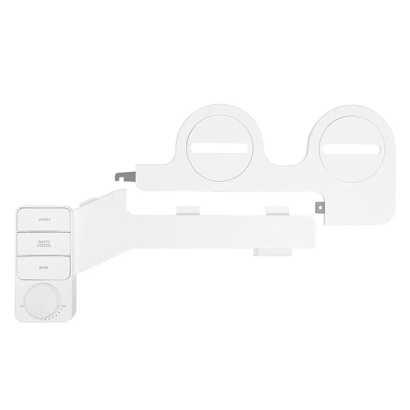 KB06 pure white bidet attachment with control knob, detachable nozzle, and three copper plumbing fittings on a white background.