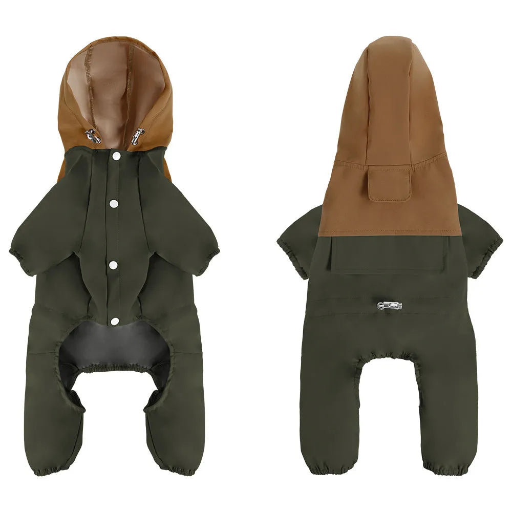 Khaki coloured waterproof shell jacket for a small dog, fastened with three white plastic snaps on the chest.