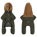 Khaki coloured waterproof shell jacket for a small dog, fastened with three white plastic snaps on the chest.