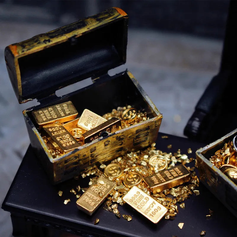 Miniature alloy gold coin and bar treasure box doll house accessories set.