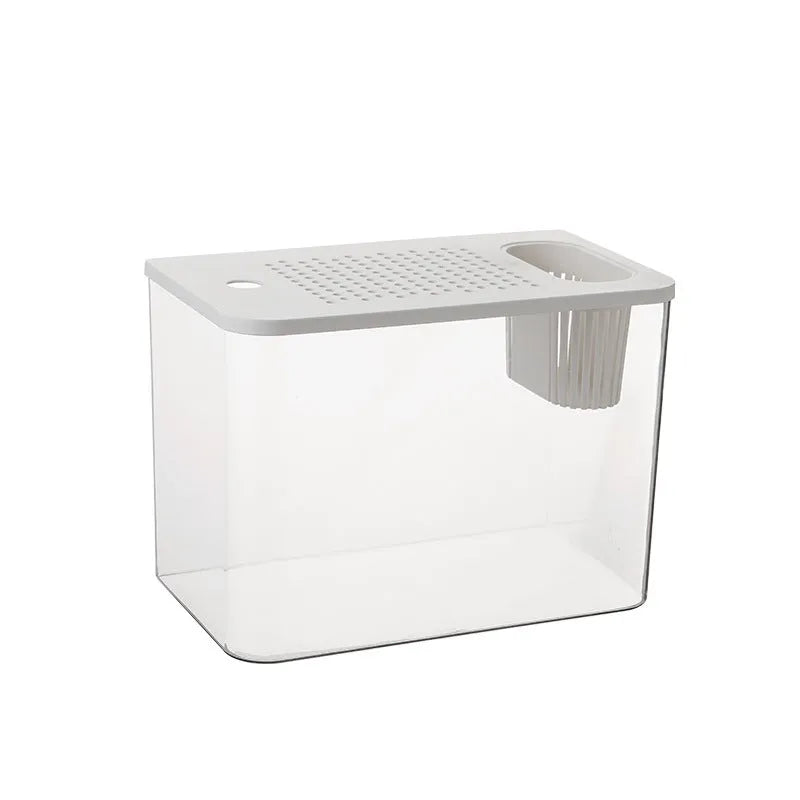 Black and white mini betta fish tank with clear plastic lid, dimensions 32cm wide by 23cm tall.