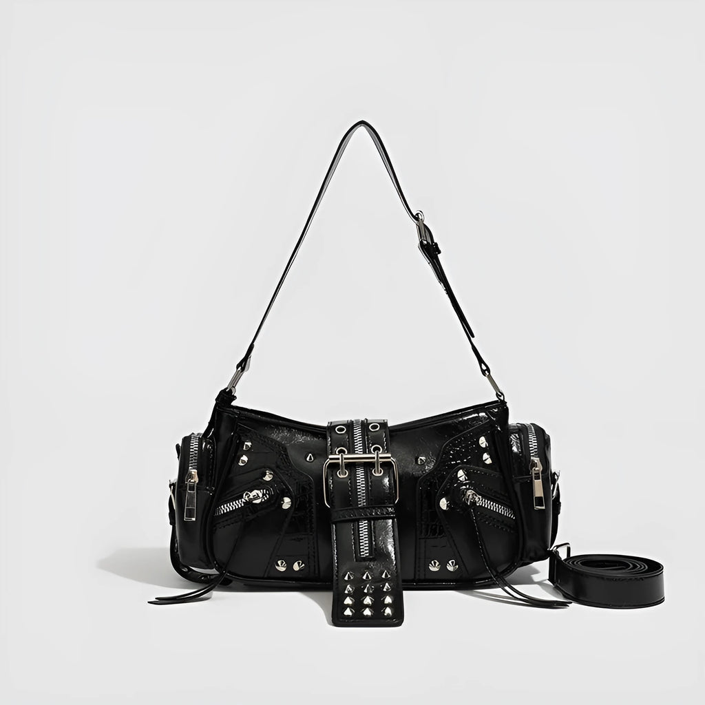 Black oil wax leather retro handbag with dumpling shape and three-dimensional outer pocket