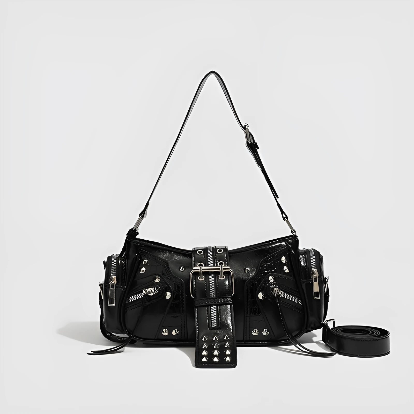 Black oil wax leather retro handbag with dumpling shape and three-dimensional outer pocket