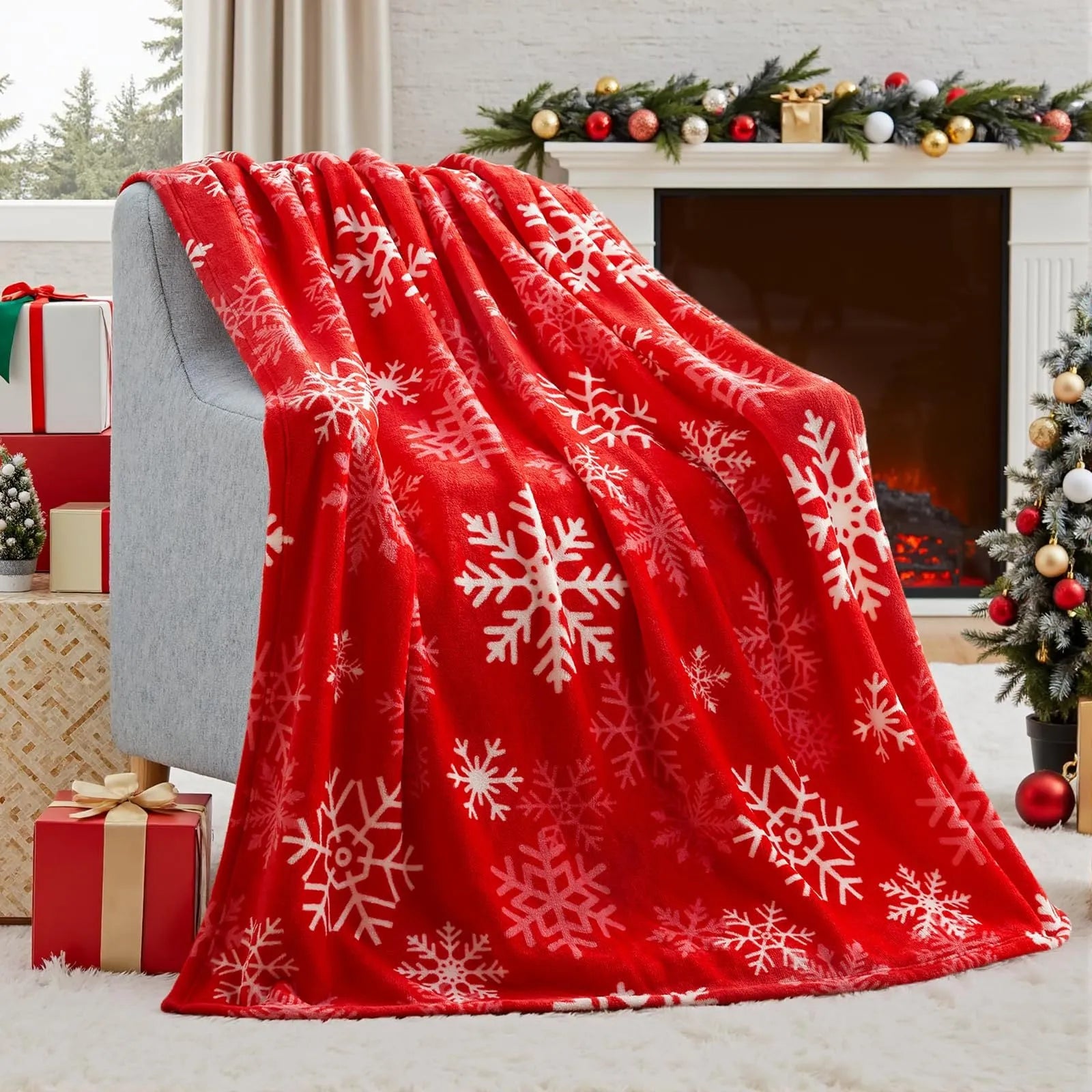 Soft flannel plush Christmas blanket in an American style, shown in multiple available sizes.