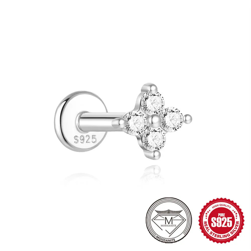 925 sterling silver geometric petal diamond stud earrings showing nose ring, triangle and circular styles
