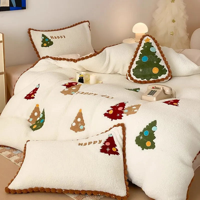 Bright yellow Christmas tree fleece-lined duvet cover set with embroidery on a bed.