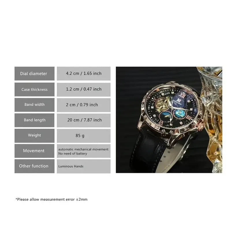 Men's black and rose gold automatic skeleton watch with large dial and leather strap.