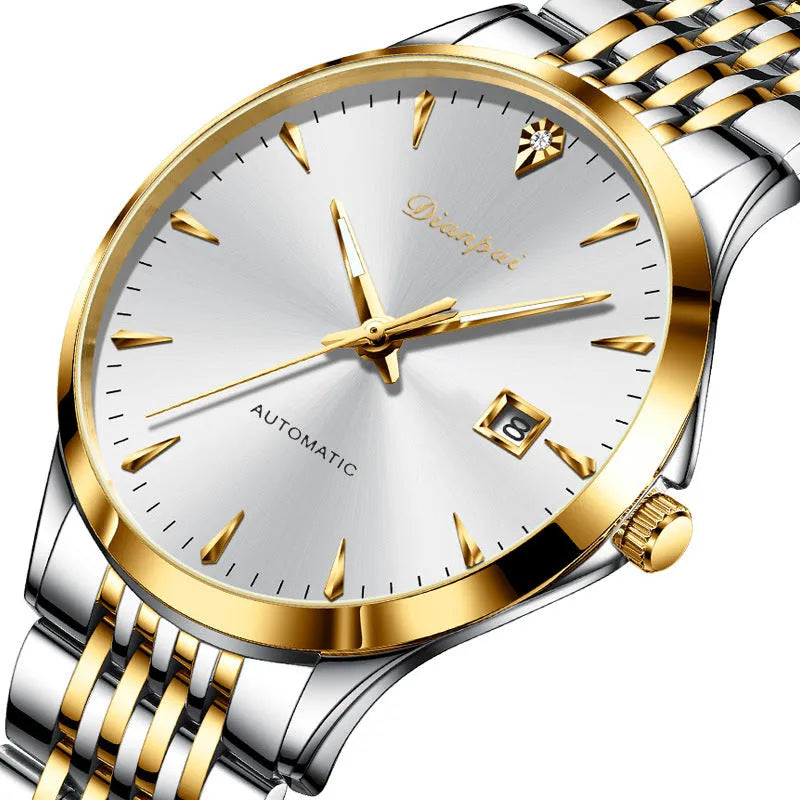 Men's simple dial automatic watch with stainless steel strap and mineral glass crystal.