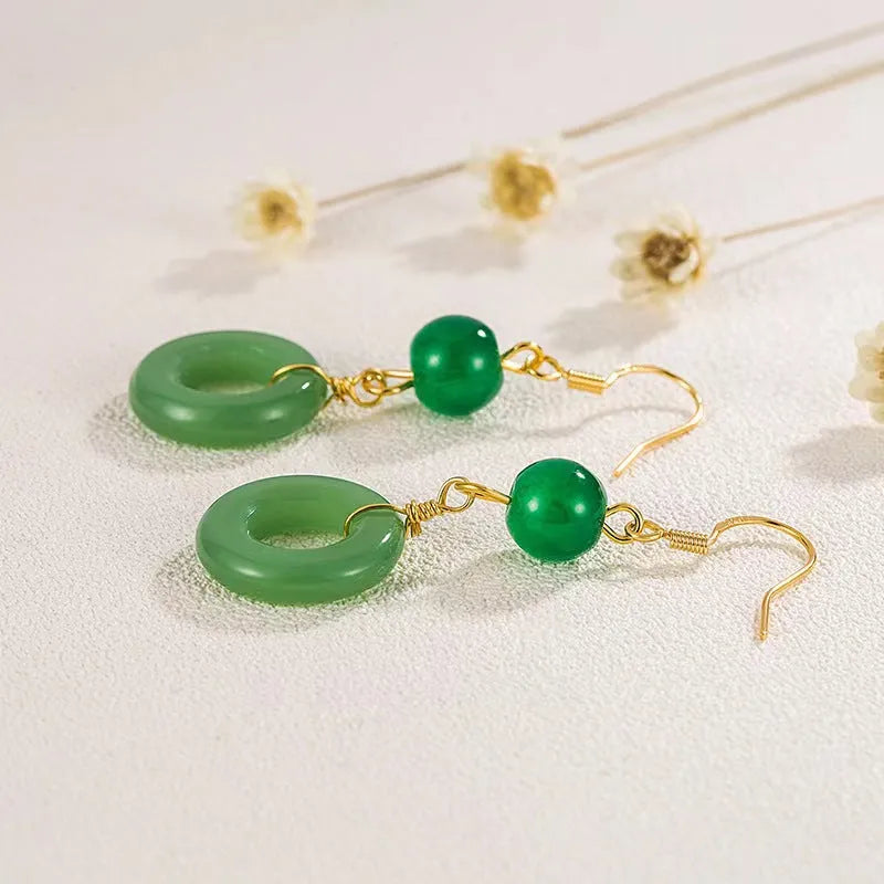Green Chinese peace buckle earrings with geometric design and gold plating