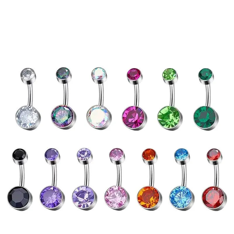 Titanium alloy navel stud with double zircon heads and internal thread in multiple colour options