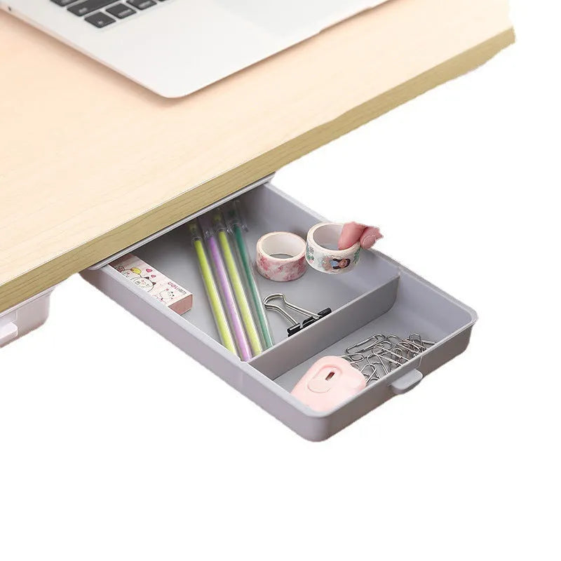 Plastic adhesive under-desk storage drawer with cover, shown in various colours and sizes.
