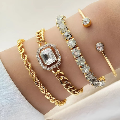 Set of four women's alloy bracelets with geometric square diamond charms and metal chains in gold or silver.