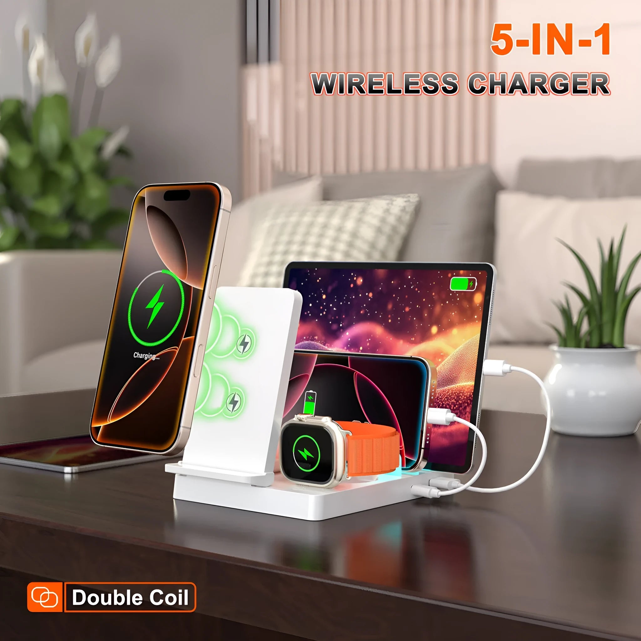 Desktop five-in-one magnetic charger in black plastic and alloy for smartphone smartwatch earbuds