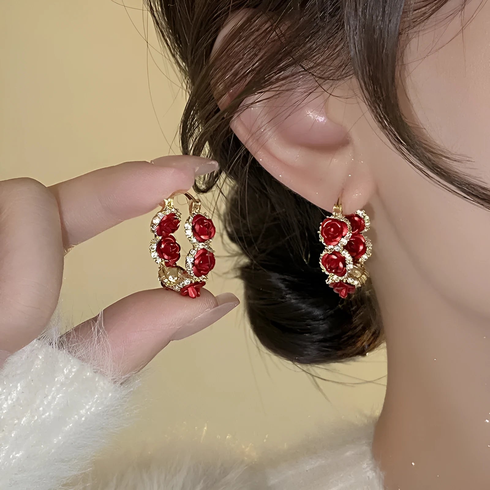 Red flower-shaped alloy ear clip earrings with rose design elements for women