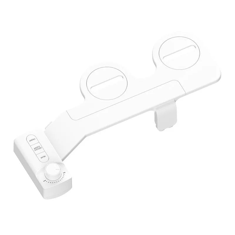 KB06 pure white bidet attachment with control knob, detachable nozzle, and three copper plumbing fittings on a white background.