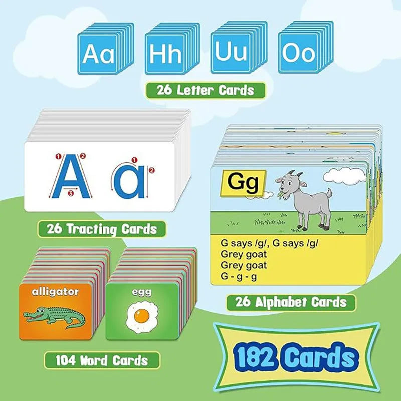 Child using large blue alphabet learning chart with picture and word cards on a wipe-clean 60x40cm surface.