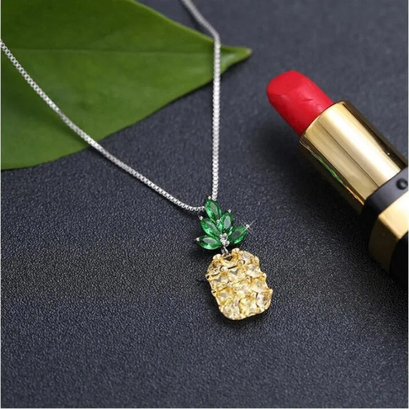 Silver geometric pineapple diamond pendant on a women's necklace, Korean fashion style.
