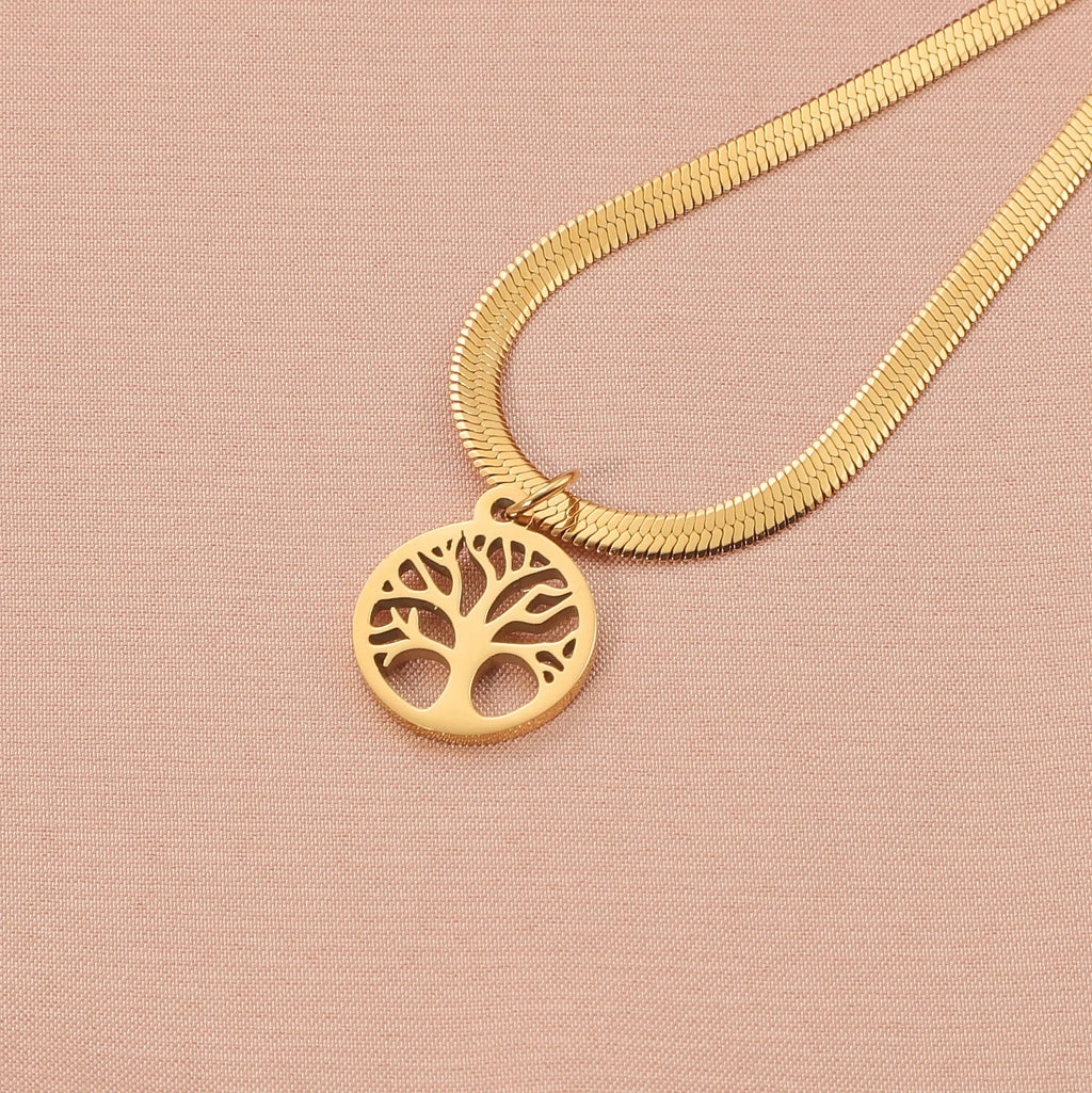Gold and steel colour adjustable lucky tree pendant necklaces on a snake bones chain.