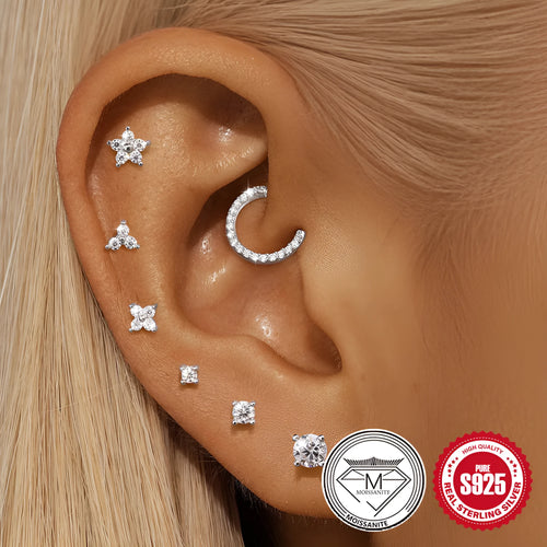 925 sterling silver geometric petal diamond stud earrings showing nose ring, triangle and circular styles
