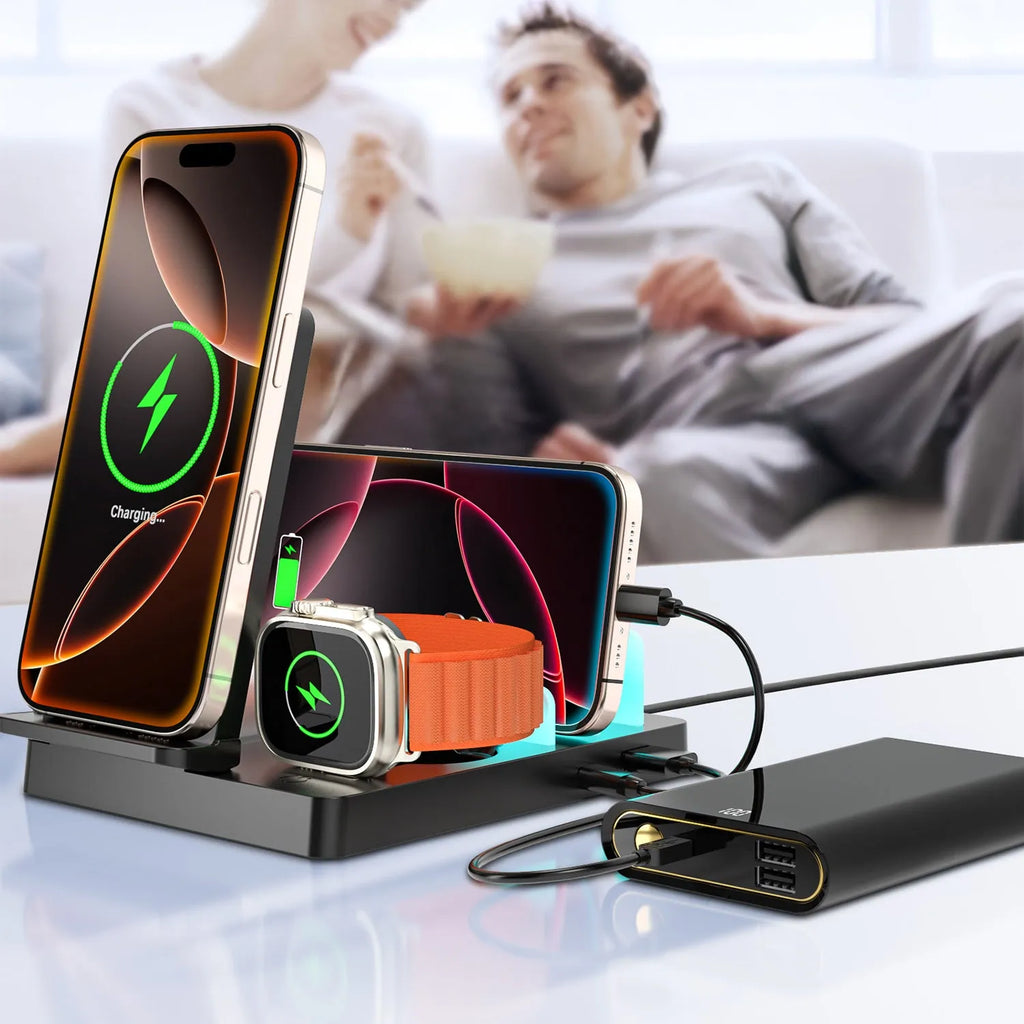 Desktop five-in-one magnetic charger in black plastic and alloy for smartphone smartwatch earbuds