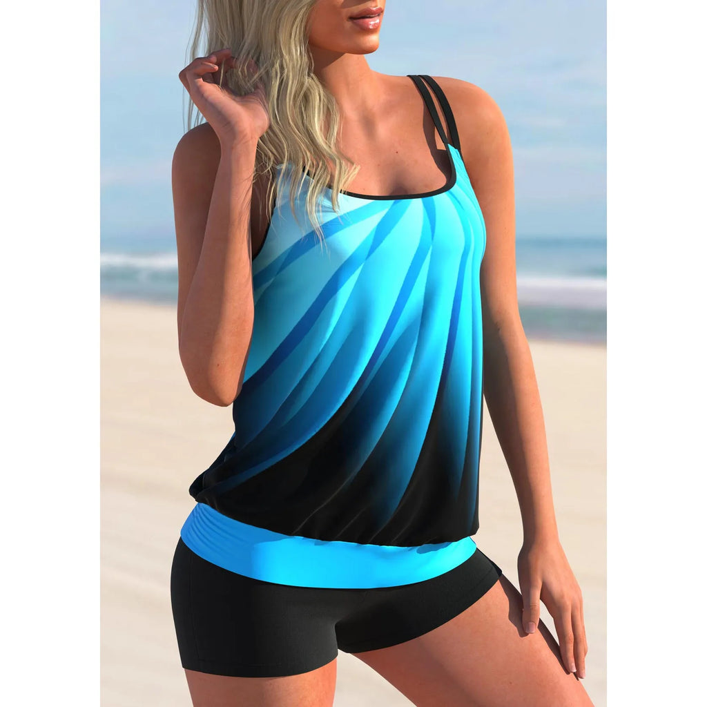 Women's plus size printed swimsuit set with strapped top and matching beach shorts in butterfly pattern.