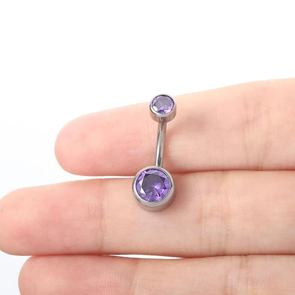 Titanium alloy navel stud with double zircon heads and internal thread in multiple colour options