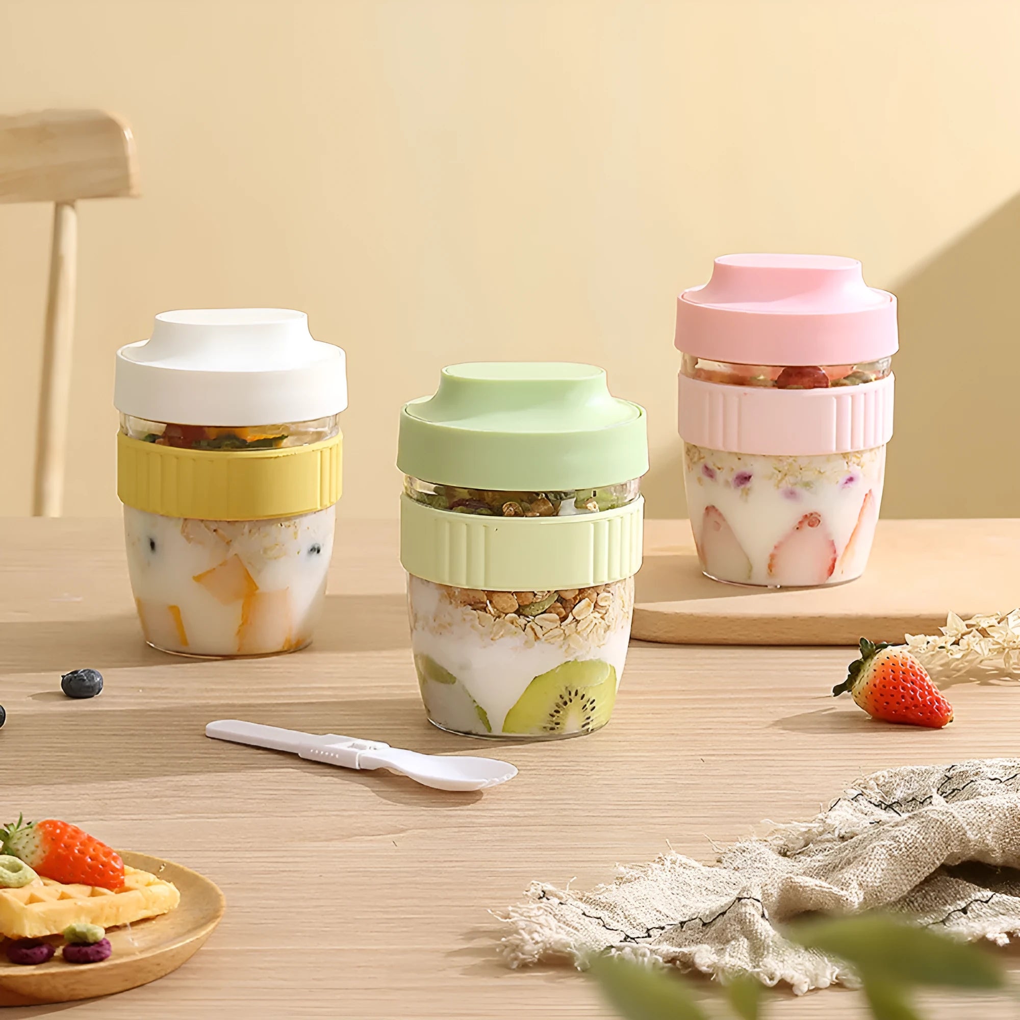 Green microwave-safe plastic salad cup with white lid and spoon, showing leak-proof seal.