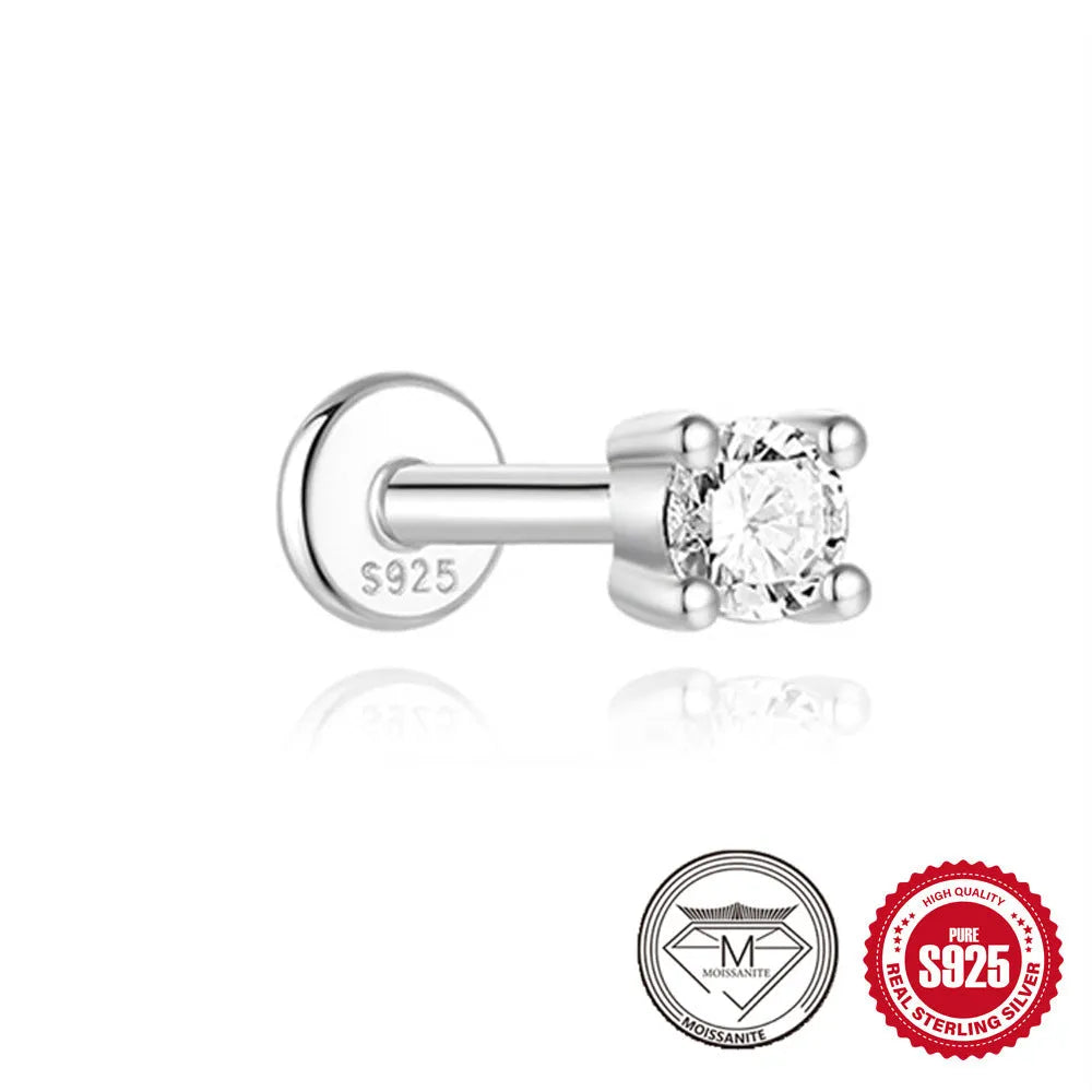 925 sterling silver geometric petal diamond stud earrings showing nose ring, triangle and circular styles