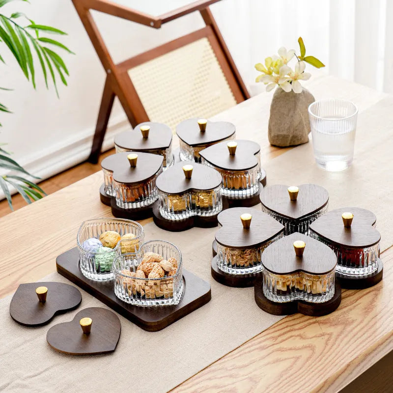 Glass fruit snack platter set with transparent heart-shaped bowl lid in retro style