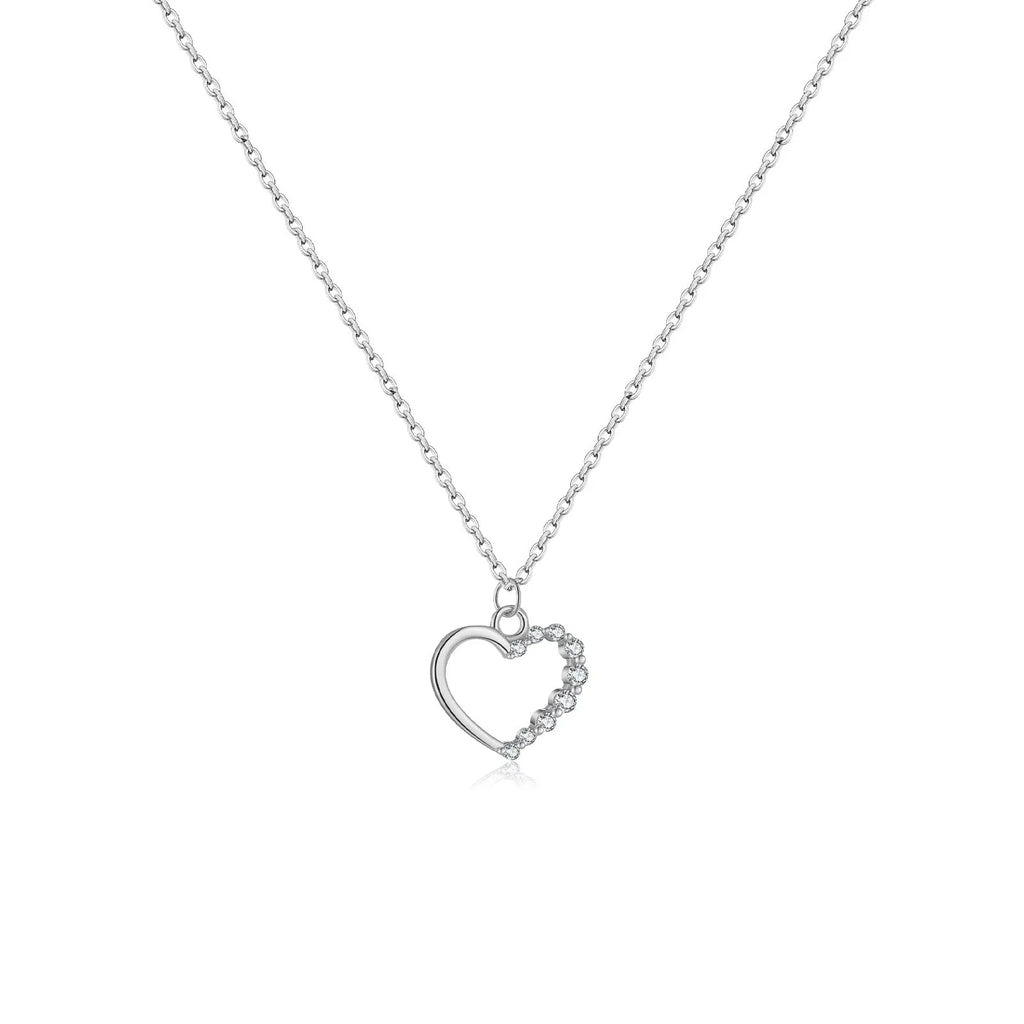 S925 sterling silver hollow heart pendant necklace with regular chain, available in white gold or 18K gold finish.
